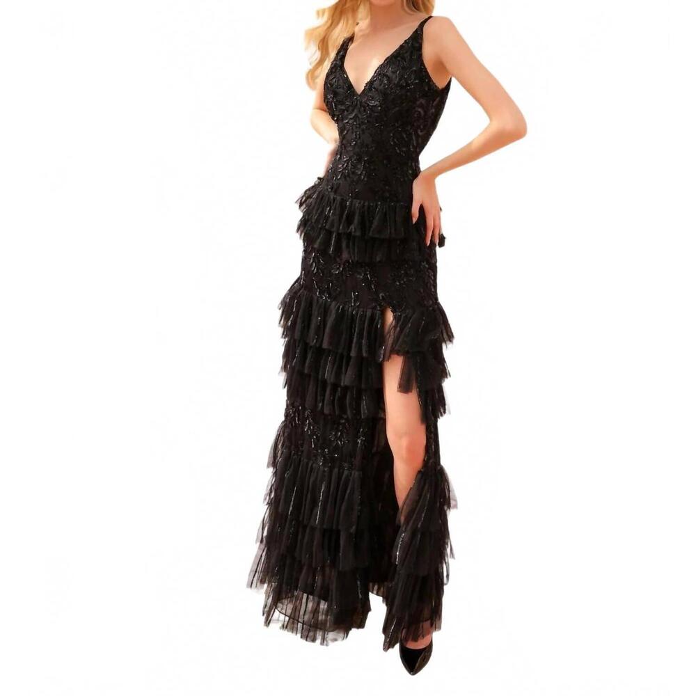 NEW PRIMAVERA beaded long ruffled prom dress in black